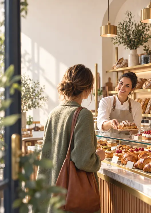 Accueil d’une cliente dans une boulangerie-pâtisserie